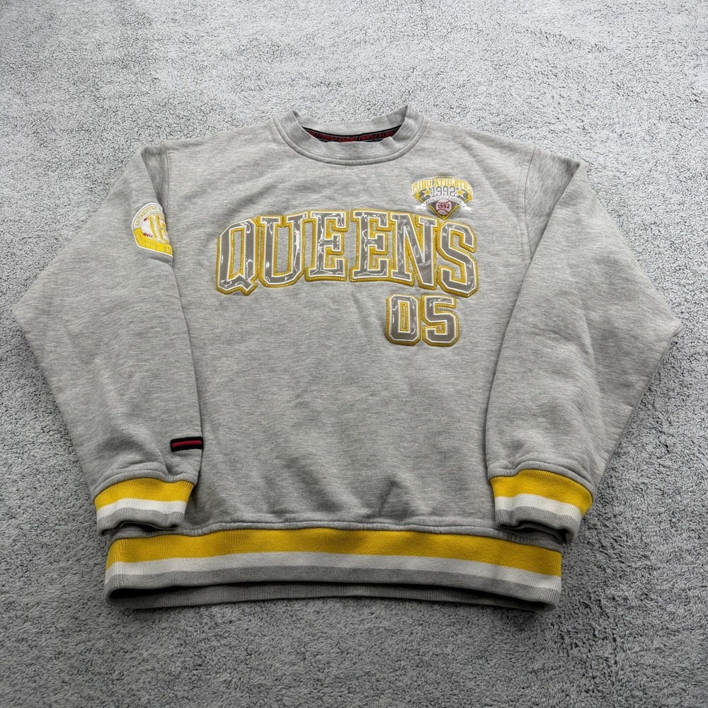 FUBU Sweatshirt Boys Medium Gray Queens NYC Baseball Athletic Pullover 90s VTG